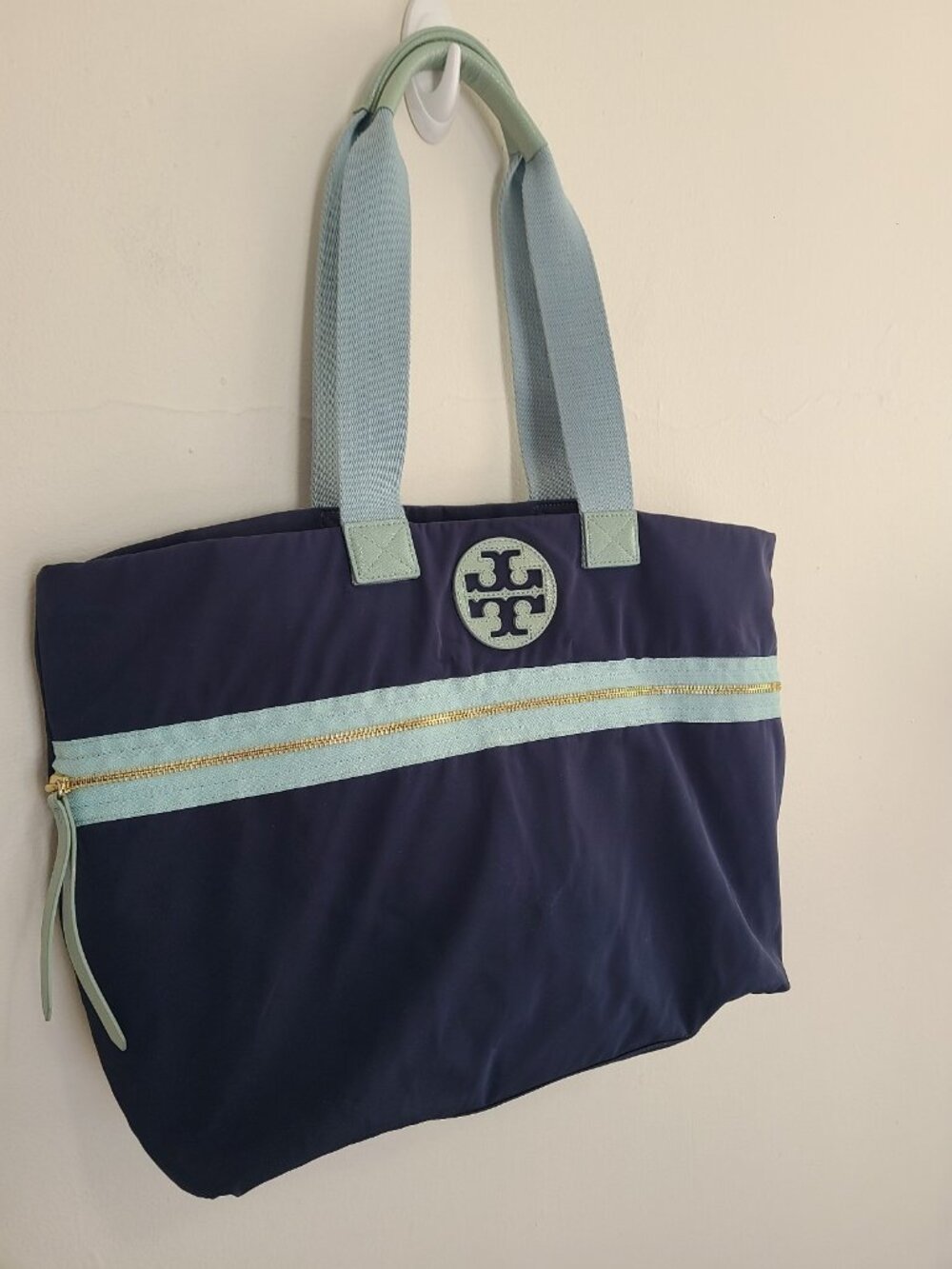 Tory Burch Nylon Tote Bag Navy Blue Shoulder Bag - Picture 3 of 9
